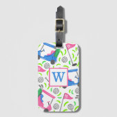 Étiquette À Bagage Pink Blue Green Golf Preppy Initial (Devant Vertical)