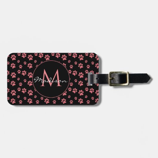 Étiquette À Bagage Pink Cat Paws Cute Pattern Monogram (Devant horizontal)