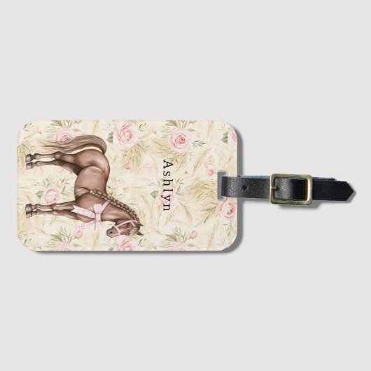 Étiquette À Bagage Pink Cream Floral Horse (Devant Horizontal)