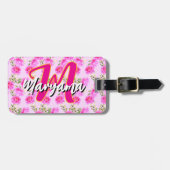 Étiquette À Bagage Pink Flowers (Cute Name & Initial) Girly Monogram (Devant horizontal)