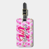 Étiquette À Bagage Pink Flowers (Cute Name & Initial) Girly Monogram (Devant Vertical)