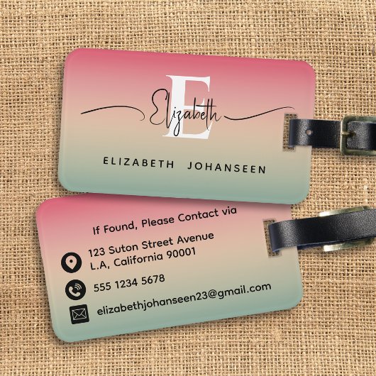 Étiquette À Bagage Pink Yellow & Green Gradient Nom du script Monogra