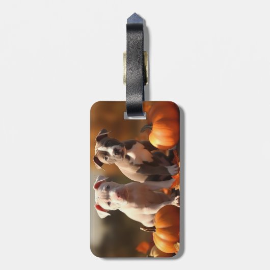 Étiquette À Bagage Pitbull Chiot Automne Citrouille de plaisir (Dos Vertical)