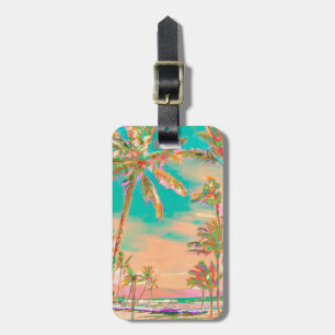 Étiquette À Bagage Pix-Dezines Scène de plage hawaïenne vintage/turqu