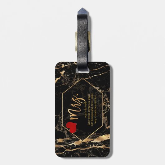 Étiquette À Bagage PixDezines MRS MARBRE NOIR+OR FAUX (Dos Vertical)