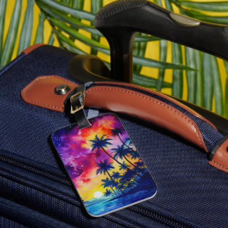 ÉTIQUETTE À BAGAGE PLAGE AU COUCHER DE SOLEIL TROPICAL ÉTÉ COLORÉ ARC