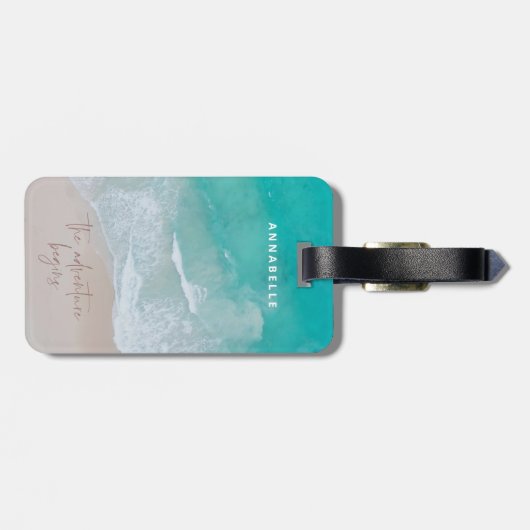 Étiquette À Bagage plage de sable tropical océan l'aventure commence (Dos horizontal)