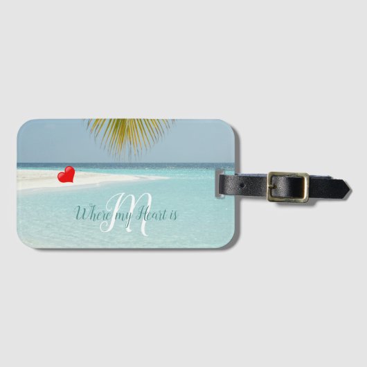 Étiquette À Bagage Plage de sable tropicale Aqua Monogram Coeur Palm (Devant Horizontal)