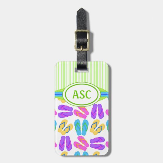 Étiquette À Bagage Plage de tongs couleur Monogramme vert (Devant Vertical)