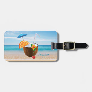 Étiquette À Bagage Plage Tropicale,Ciel Bleu,Sable de l'Océan,Cocktai