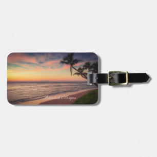 Étiquette À Bagage Plage tropicale, Coucher de soleil, Palmier