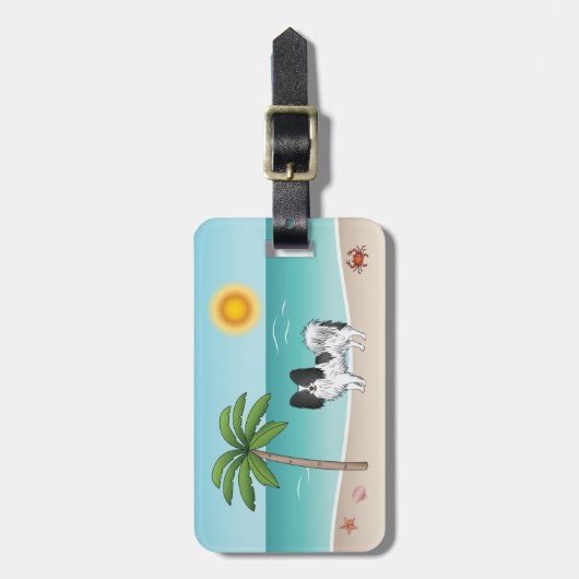 Étiquette À Bagage Plage Tropicale d'été de Chien de Papillon noir et (Devant Vertical)