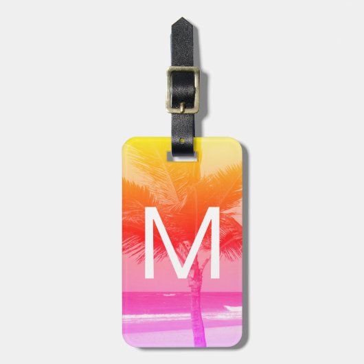 Étiquette À Bagage Plage tropicale & Palm Tree initial rose/orange (Devant Vertical)