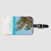 Étiquette À Bagage Plage tropicale Turquoise Monogram Palm Tree (Devant Horizontal)