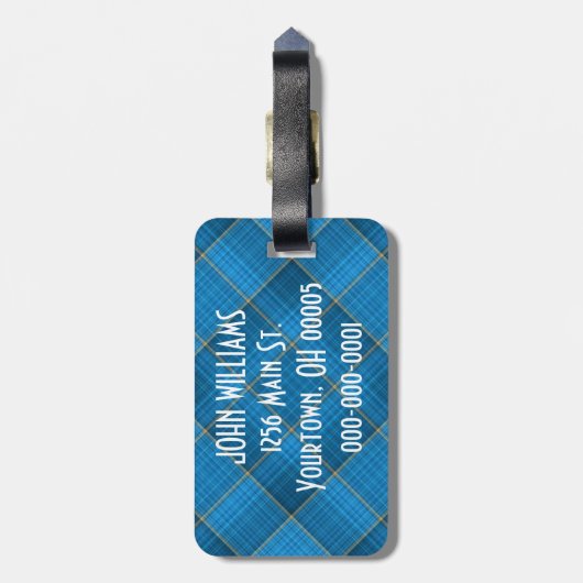 Étiquette À Bagage Plaid Bleu Anglé Avec Devis (Dos Vertical)
