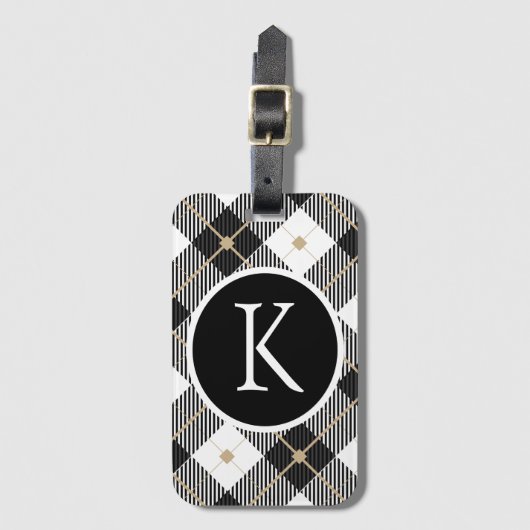 Étiquette À Bagage Plaid noir blanc or personnalisé avec monogramme (Devant Vertical)