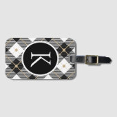 Étiquette À Bagage Plaid noir blanc or personnalisé avec monogramme (Devant Horizontal)