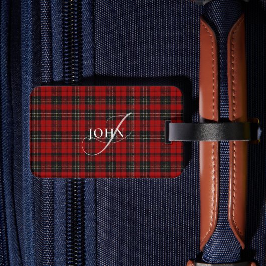 Étiquette À Bagage Plaid Rustique Rouge Chic Typographie Monogrammée (Verso Insitu 2)
