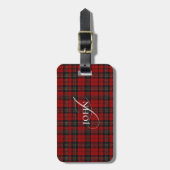 Étiquette À Bagage Plaid Rustique Rouge Chic Typographie Monogrammée (Devant Vertical)
