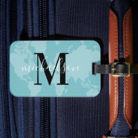 Planisphère Monde Aqua Bleu Script Monogramme