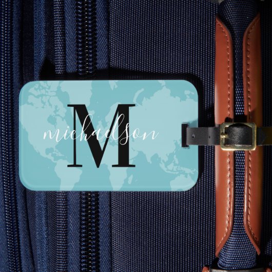 Étiquette À Bagage Planisphère Monde Aqua Bleu Script Monogramme (Insitu Rectoal 4)