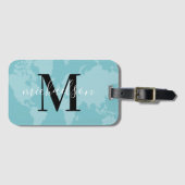 Étiquette À Bagage Planisphère Monde Aqua Bleu Script Monogramme (Devant Horizontal)