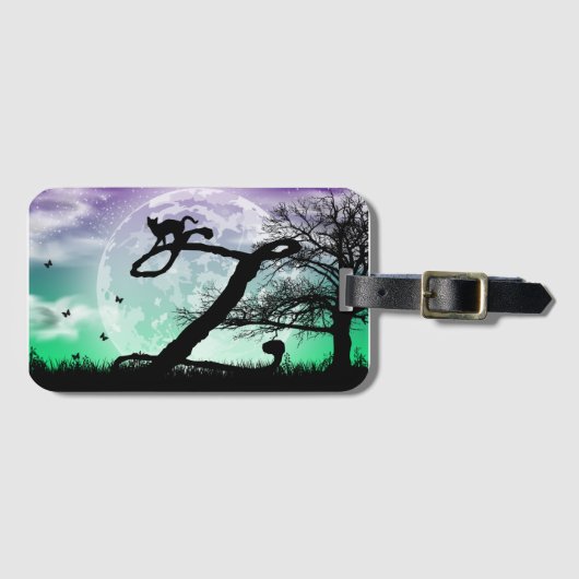 Étiquette À Bagage Pleine lune et Cat Z Monogramme initial (Devant Horizontal)