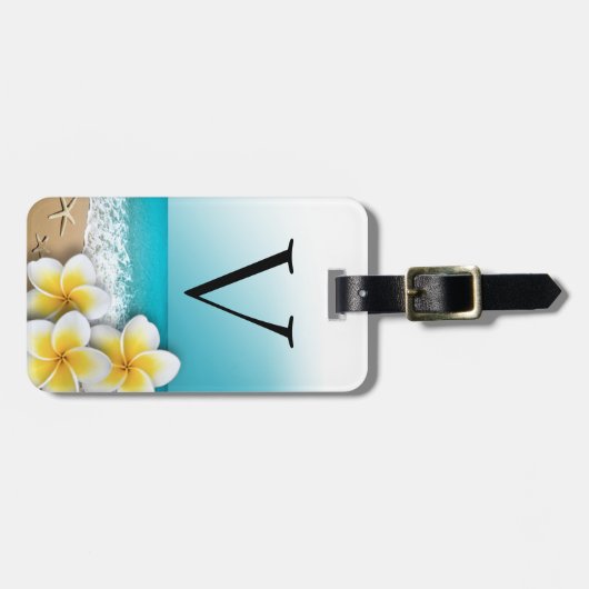 Étiquette À Bagage Plumeria Frangipani Fleur Tropical Beach Monogramm (Devant horizontal)