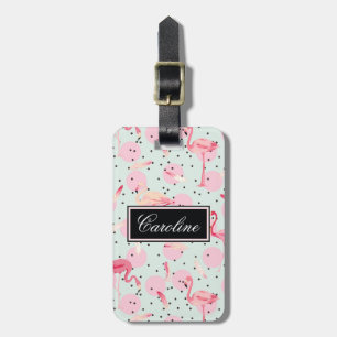 Étiquette À Bagage Plumes de Flamant rose sur le pois