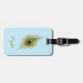 Étiquette À Bagage Plumes et calligraphie Peacock sur bleu clair (Devant horizontal)