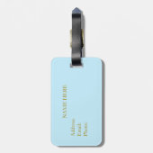 Étiquette À Bagage Plumes et calligraphie Peacock sur bleu clair (Dos Vertical)