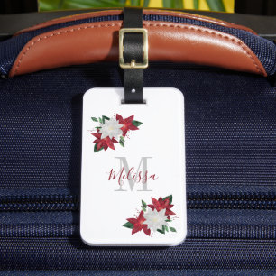 Étiquette À Bagage Poinsettia de Noël Monogramme Floral