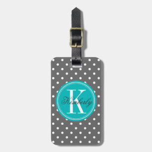Étiquette À Bagage Point Polka gris avec Monogramme Turquoise