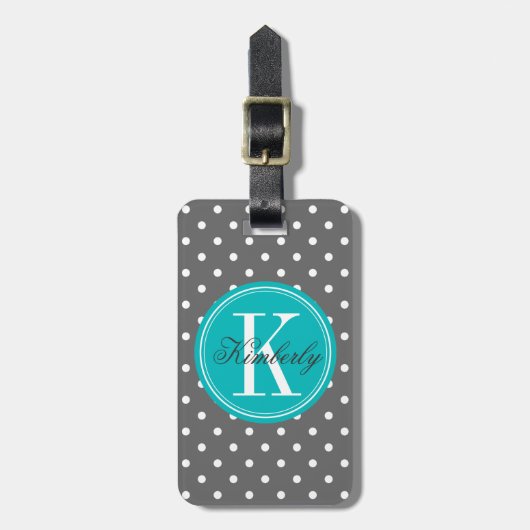 Étiquette À Bagage Point Polka gris avec Monogramme Turquoise (Devant Vertical)
