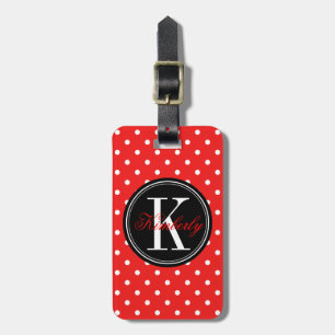 Étiquette À Bagage Point Polka rouge avec Monogramme noir