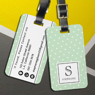 Étiquette À Bagage Points Blancs Motif avec Monogramme Noir Vert