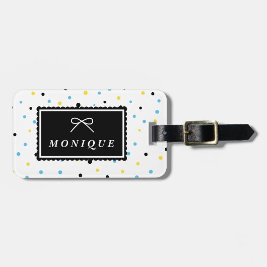 Étiquette À Bagage Points Confetti Jaune et Bleu Motif Personnalisé (Devant horizontal)