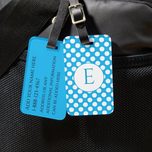 Étiquette À Bagage Points de polka de monogramme bleu Couleurs vives