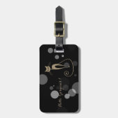 Étiquette À Bagage Points Gris Sur Arrière - plan Noir, Chat, Bonjour (Devant Vertical)