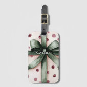 Étiquette À Bagage Points roses de Noël Ruban vert & Bow (Devant Vertical)