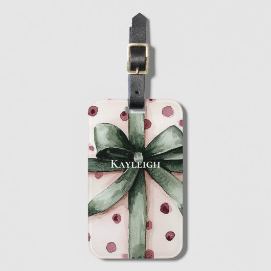 Étiquette À Bagage Points roses de Noël Ruban vert & Bow (Devant Vertical)