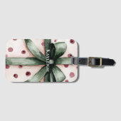 Étiquette À Bagage Points roses de Noël Ruban vert & Bow (Devant Horizontal)
