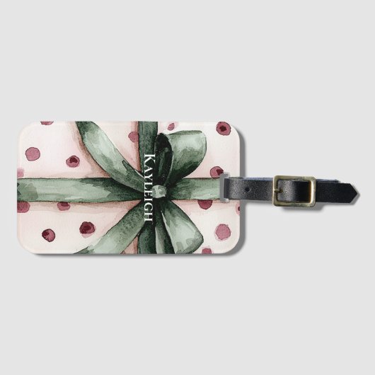 Étiquette À Bagage Points roses de Noël Ruban vert & Bow (Devant Horizontal)