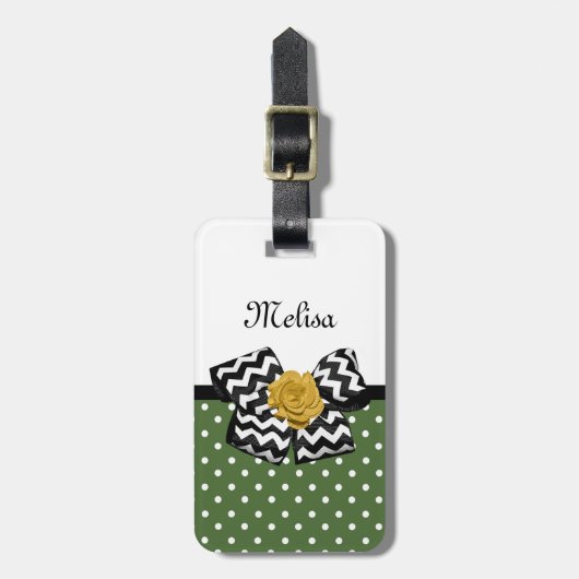 Étiquette À Bagage Points verts mignons Rose jaune Chevron Bow et nom (Devant Vertical)