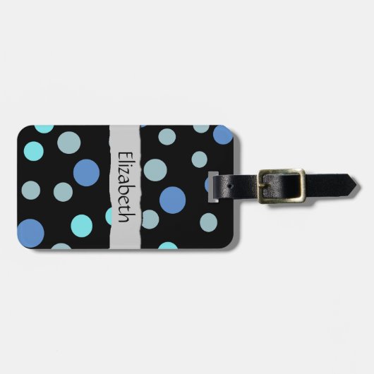 Étiquette À Bagage Pois Bleus, Motif Polka Dot, Votre Nom (Devant horizontal)
