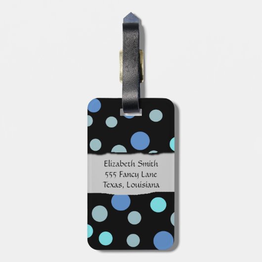Étiquette À Bagage Pois Bleus, Motif Polka Dot, Votre Nom (Dos Vertical)