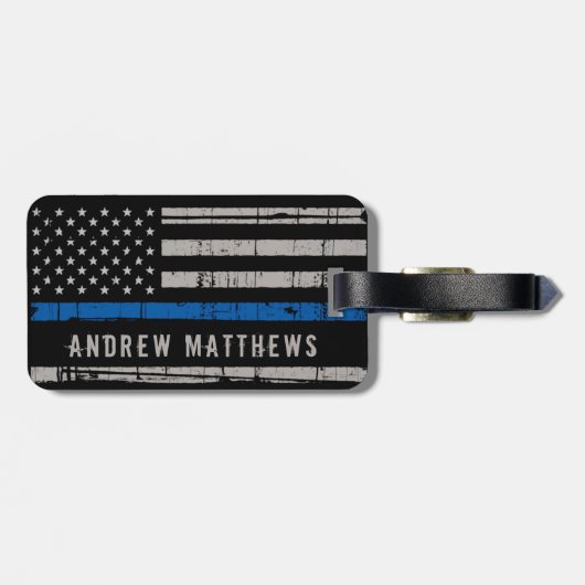 Étiquette À Bagage Police à drapeau américain à la ligne bleue mince (Dos horizontal)