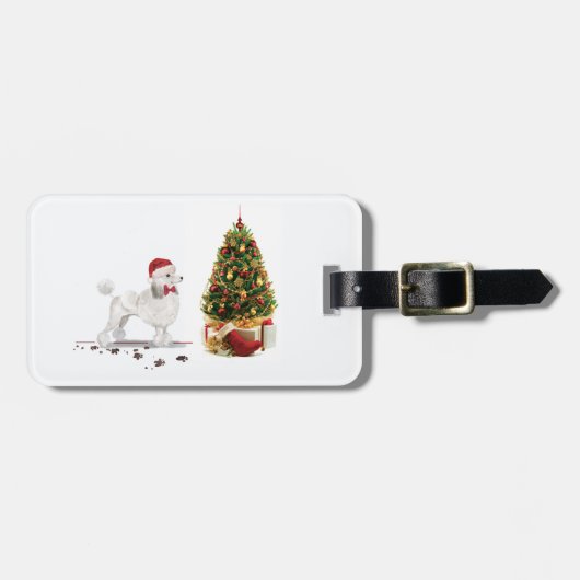 Étiquette À Bagage Poodle blanc Funny Chien de Noël avec arbre (Devant horizontal)