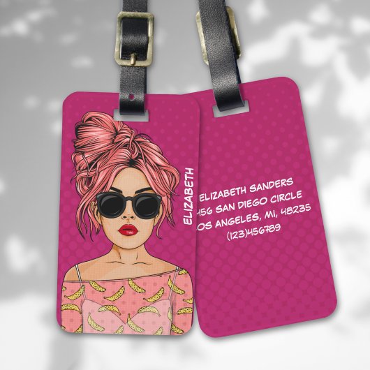 Étiquette À Bagage Pop Art Comic Girl Pink Background