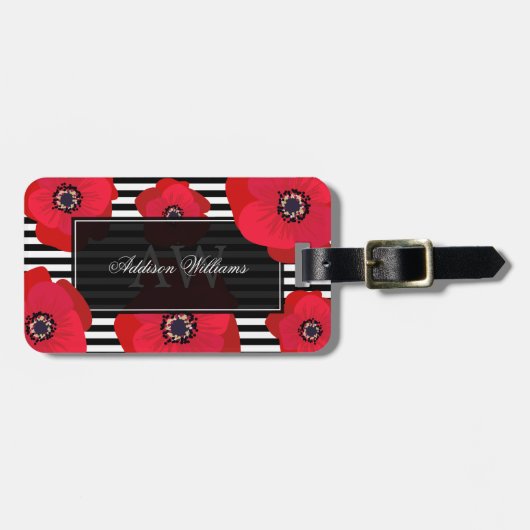 Étiquette À Bagage Poppies rouges et bandes - Monogrammes (Devant horizontal)